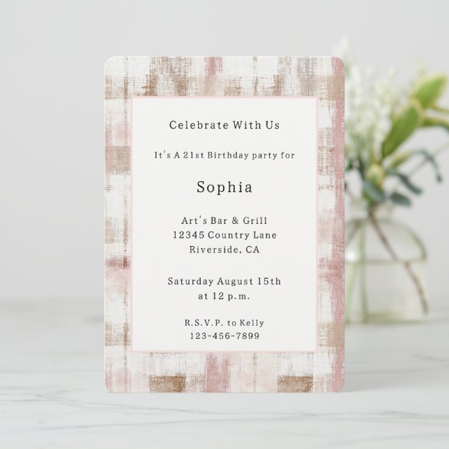Invitation Anniversaire rayures abstraites brun rose crème (Debout devant)