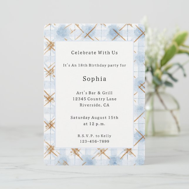 Invitation Anniversaire Rayures Bleu Blanc Or   (Debout devant)