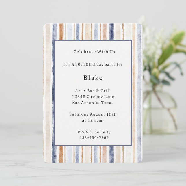 Invitation Anniversaire Rayures Bleu Crème Marron (Debout devant)