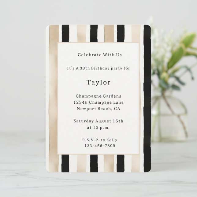Invitation Anniversaire Rayures Noir Blanc Crème Champagne (Debout devant)