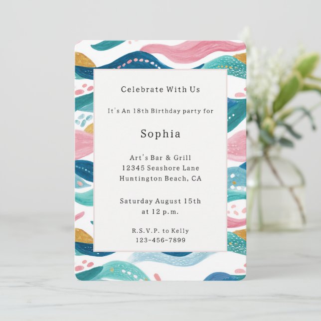 Invitation Anniversaire Rayures Ondulées Bleu Vert Rose Menth (Debout devant)