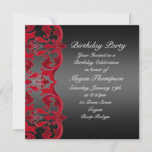 Invitation Anniversaire Red/Black Swirl Damask