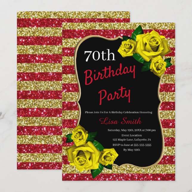 Invitation Anniversaire Red Gold Stripes Parties scintillant  (Devant / Derrière)