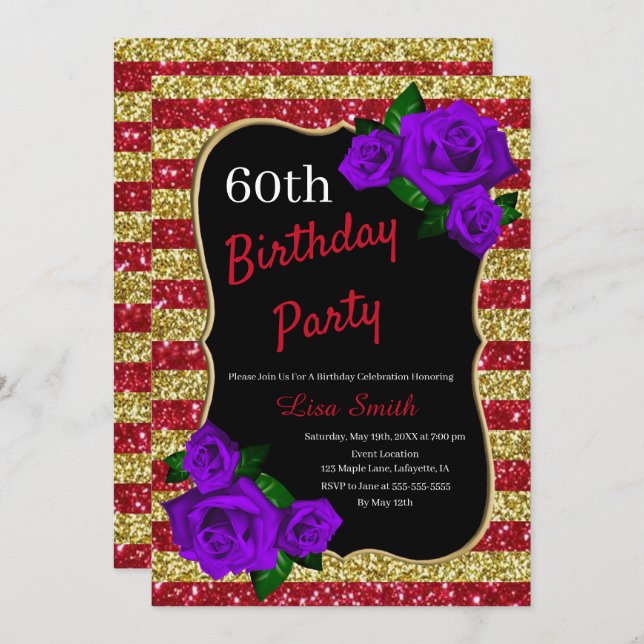 Invitation Anniversaire Red Gold Stripes Parties scintillant  (Devant / Derrière)