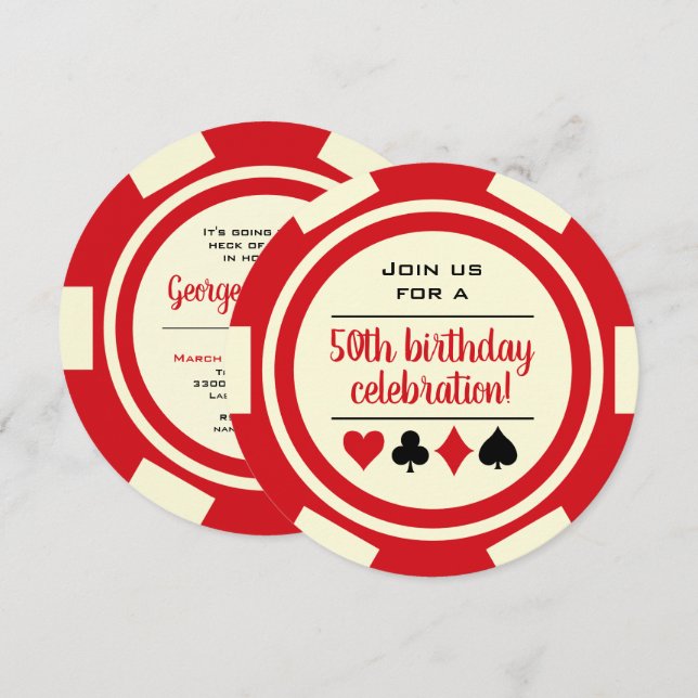 Invitation Anniversaire Red White Poker Chip Casino Las Vegas (Devant / Derrière)