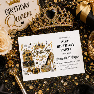 Invitation Anniversaire Reine Moderne Noir Or Conf