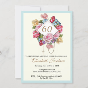 Invitation Anniversaire religieux Rosaire catholique Floral