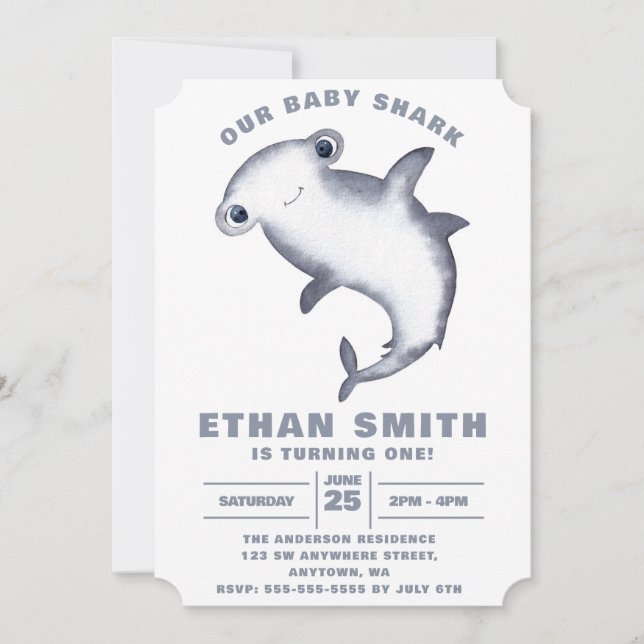 Invitation Anniversaire Requin Marteau Aquarelle Mignon (Devant)