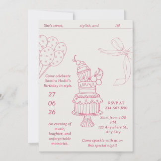 Invitation Anniversaire Rétro 16 Ans Ruban Rose