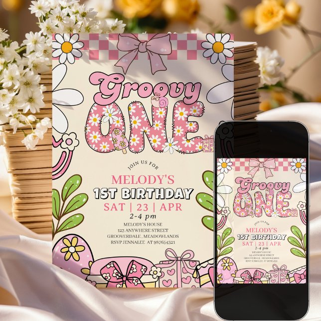 Invitation anniversaire rétro 1ère année Daisy (Créateur téléchargé)