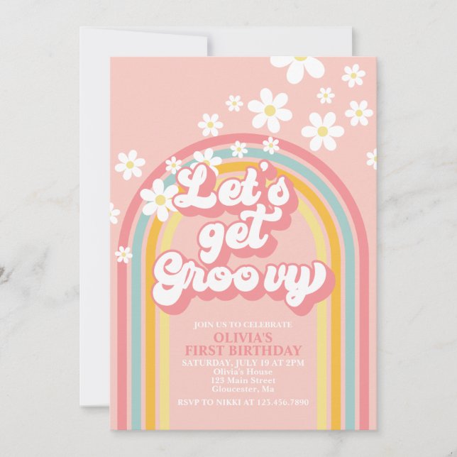 Invitation Anniversaire Rétro Arc-en-ciel Let's Get Groovy (Devant)