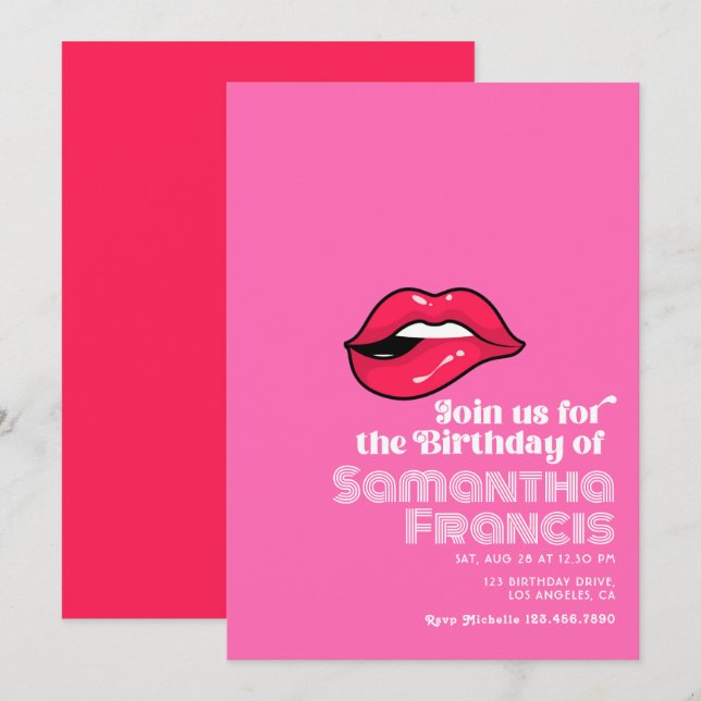 Invitation anniversaire rétro art pop rose vif  (Devant / Derrière)