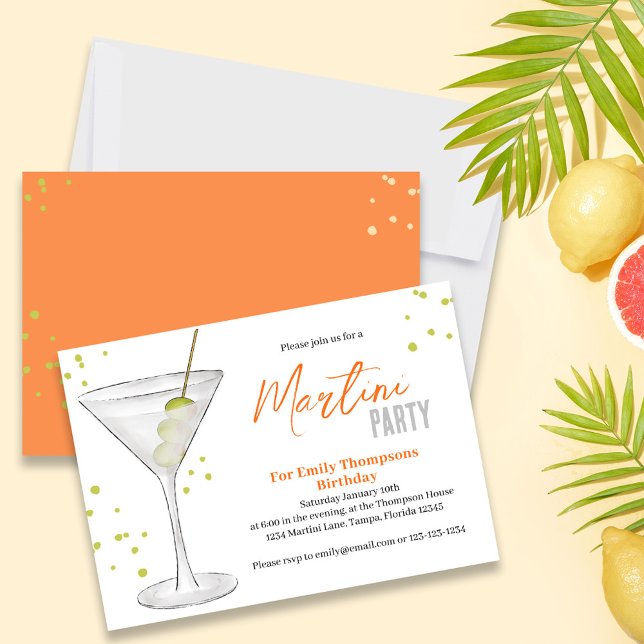 Invitation Anniversaire Rétro Cool Aquarelle Martini Boire (Birthday party invitation with a watercolor martini )
