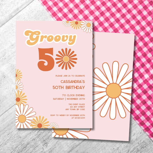 Invitation Anniversaire Rétro Daisy Boho Orange Rose 50 ans (Créateur téléchargé)