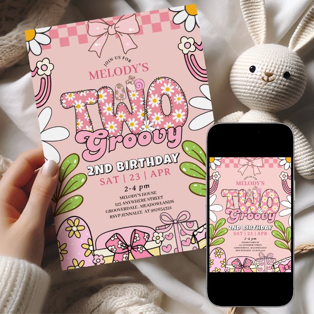 Invitation Anniversaire Rétro de 2 ans de Pink Daisy (Créateur téléchargé)