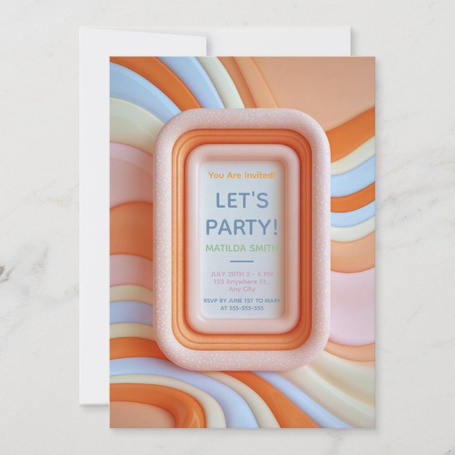 Invitation Anniversaire Rétro Gummy Peach et Vagues Bleues (Devant)