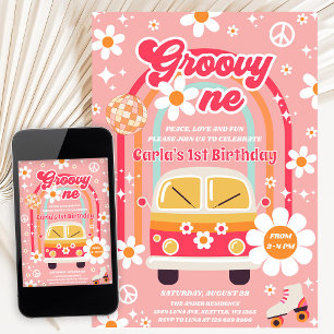 Invitation Anniversaire Rétro Hippie Daisy Rainbow Groovy Un