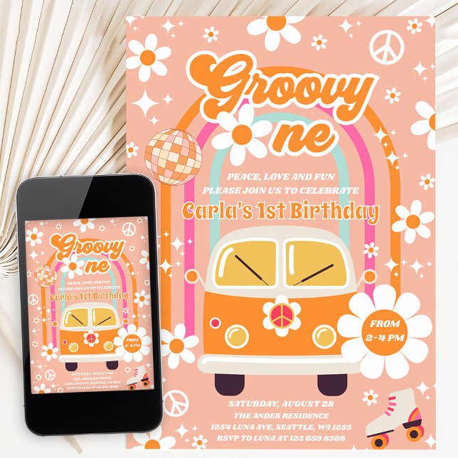 Invitation Anniversaire Rétro Hippie Daisy Rainbow Groovy Un  (Créateur téléchargé)
