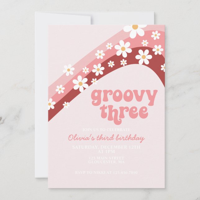 Invitation Anniversaire Retro Rainbow Daisy Groovy Trois 3ème (Devant)