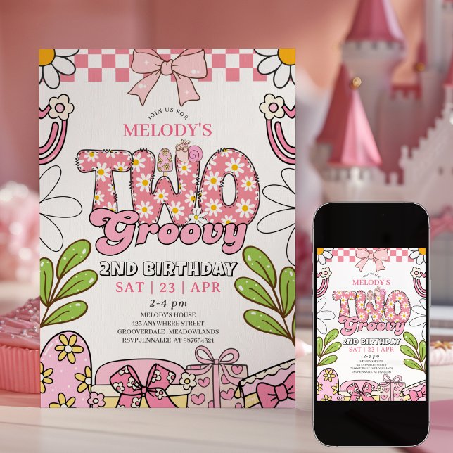 Invitation anniversaire rétro rose pour les 2 ans  (Créateur téléchargé)