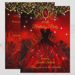 Invitation Anniversaire Robe rouge Plumes noires Or