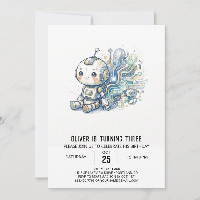 Invitation Anniversaire Robot Bleu Argent (Devant)
