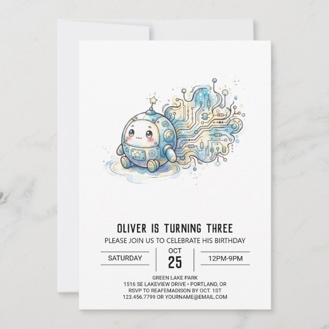Invitation Anniversaire Robot Bleu Ciel Mignon (Devant)
