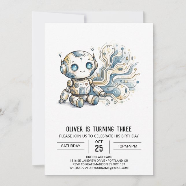 Invitation Anniversaire Robot Numérique Argenté (Devant)