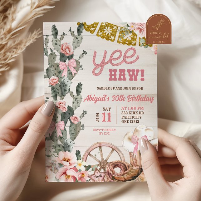 Invitation Anniversaire Rodéo Rose Cactus Bois Rustique (Créateur téléchargé)