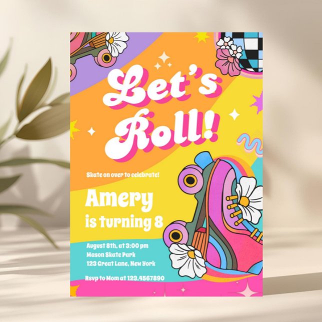 Invitation Anniversaire Roller rétro coloré (roller skate birthday invite, retro birthday invitation, skate party invite, lets roll invitation, d)