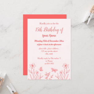 Invitation Anniversaire romantique élégant corail rose floral