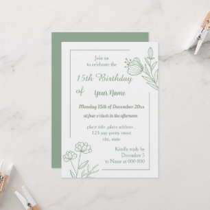 Invitation Anniversaire romantique élégant sauge vert fleuri