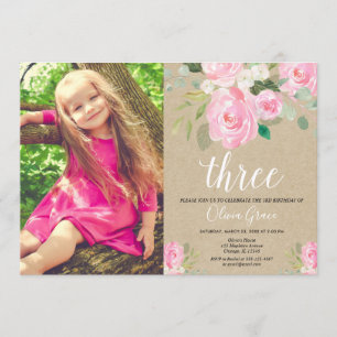 Invitation Anniversaire rose blanc de la fille Russe de 3e an