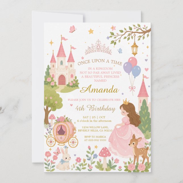 Invitation anniversaire rose Château Princesse Fan (Devant)