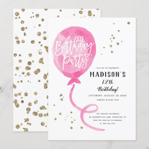 Invitation Anniversaire rose de confettis d'or de ballon