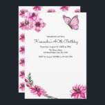 Invitation Anniversaire rose de fleurs et de papillon<br><div class="desc">Une célébration d'anniversaire pendant 25,  30,  40 ou tous âges. Fleurs roses d'aquarelle éclatant des coins avec un papillon rose aussi bien.  Invitez vos invités pour n'importe quelle invitation de célébration d'anniversaire d'âge. Vous pouvez l'avez personnalisée facilement avec votre information de partie.</div>