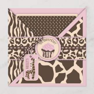 Invitation Anniversaire rose de girafe et de petit gâteau de