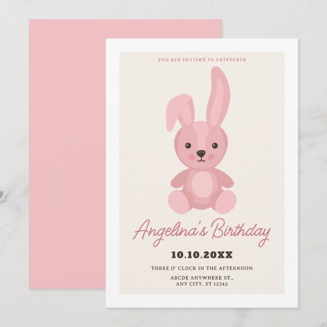 Invitation Anniversaire rose de poupée de lapin mignonne (Devant / Derrière)