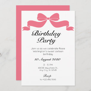 Invitation Anniversaire rose doux ruban de cravate arc