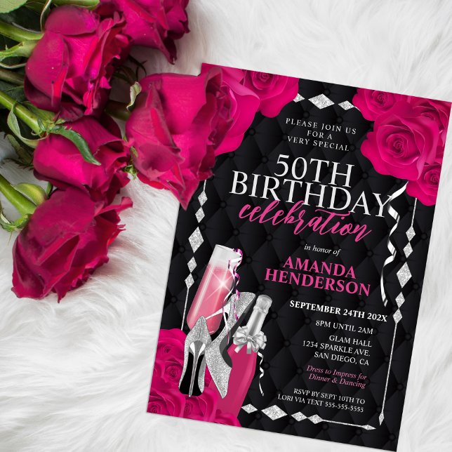 Invitation Anniversaire Rose et Argent pour Femmes (Créateur téléchargé)