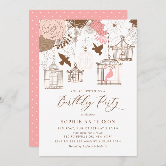 Invitation Anniversaire rose et Brown Vintage (Devant / Derrière)