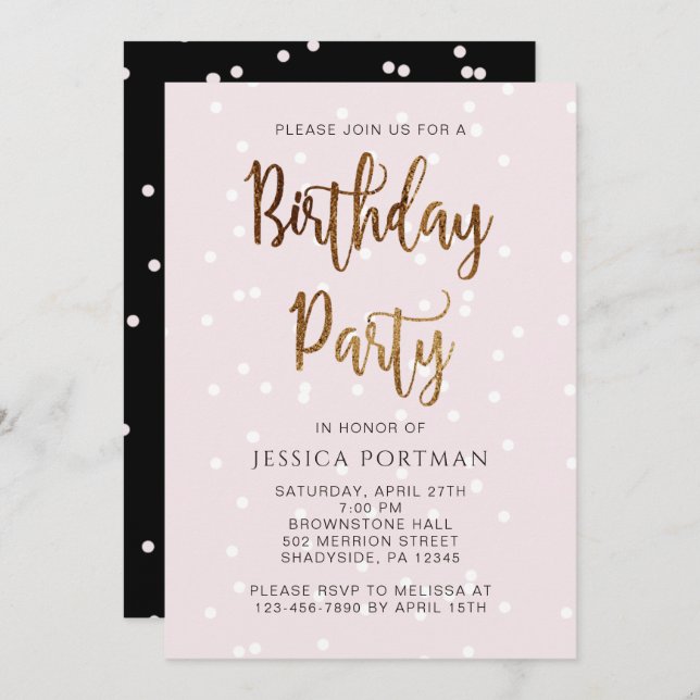 Invitation Anniversaire rose et noir avec Joli Confetti (Devant / Derrière)