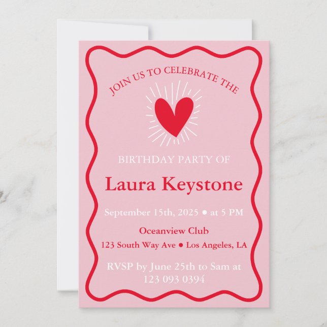 Invitation Anniversaire rose et rouge blanche (Devant)
