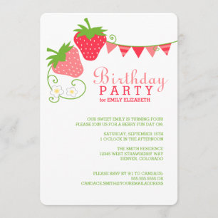 Invitation Anniversaire rose et vert des fraises
