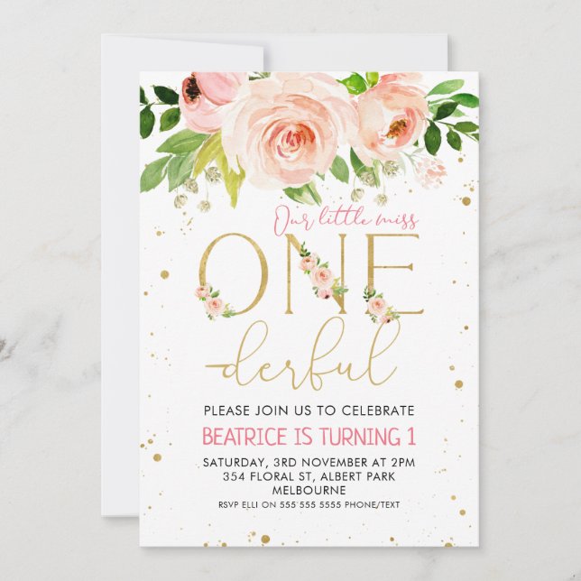 Invitation Anniversaire Rose Floral Filles (Devant)