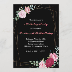 Invitation anniversaire rose floral noir or