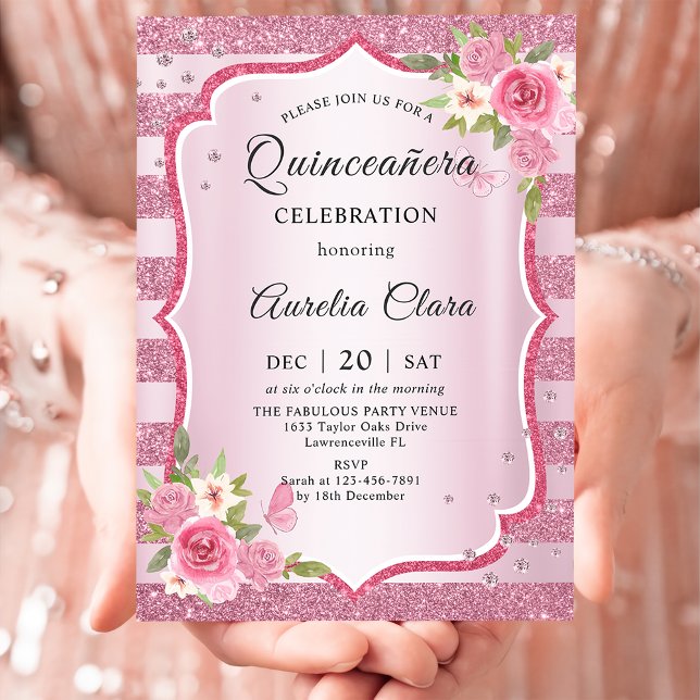 Invitation Anniversaire rose Floral Quinceañera (Créateur téléchargé)