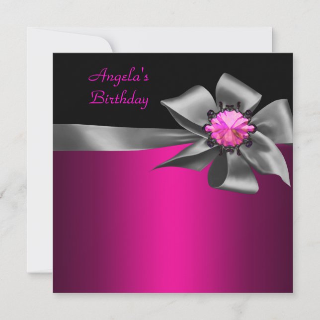 Invitation Anniversaire Rose Gris Nœud Noir Rose B (Devant)