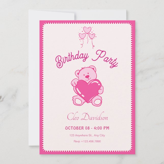 Invitation Anniversaire rose joli coeur de poupée (Devant)