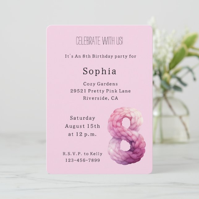Invitation Anniversaire Rose Lavande Violet 8 Ans Cozy (Debout devant)